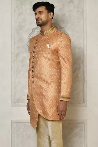 Peach anghrakha pattern work with hand work on collar and pocket indo western