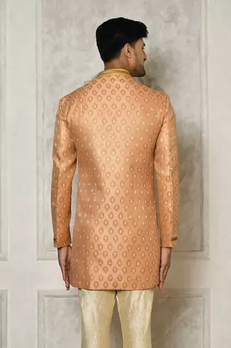 Peach anghrakha pattern work with hand work on collar and pocket indo western