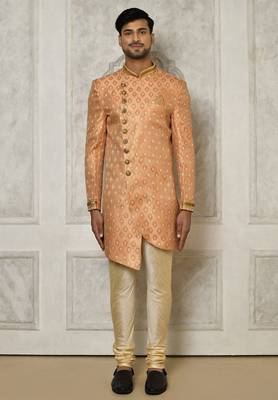 Peach anghrakha pattern work with hand work on collar and pocket indo western 1