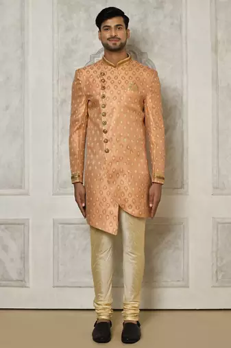 Peach anghrakha pattern work with hand work on collar and pocket indo western