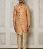 Peach anghrakha pattern work with hand work on collar and pocket indo western