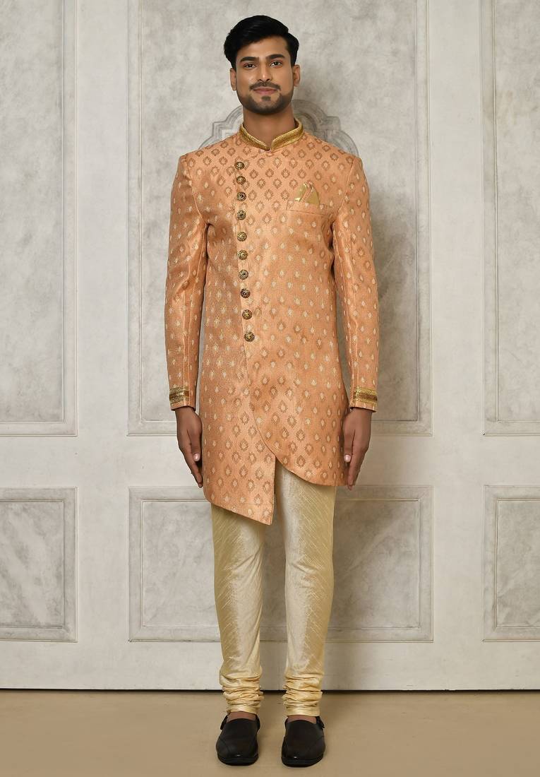 Peach anghrakha pattern work with hand work on collar and pocket indo western