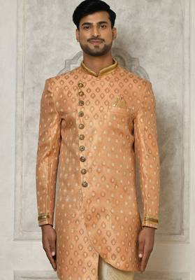 Peach anghrakha pattern work with hand work on collar and pocket indo western 2