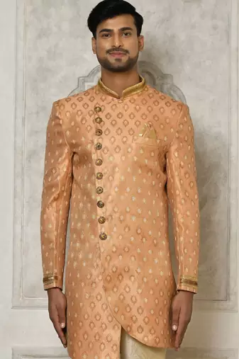 Peach anghrakha pattern work with hand work on collar and pocket indo western