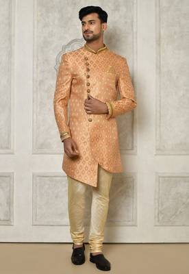 Peach anghrakha pattern work with hand work on collar and pocket indo western 3