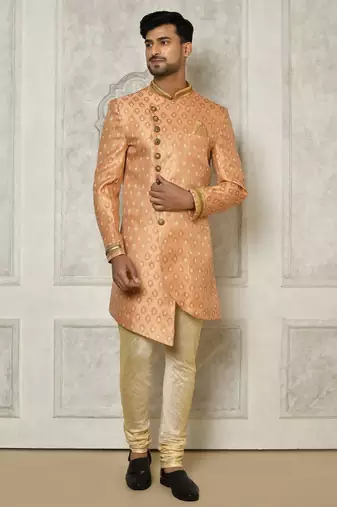 Peach anghrakha pattern work with hand work on collar and pocket indo western