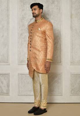 Peach anghrakha pattern work with hand work on collar and pocket indo western 4