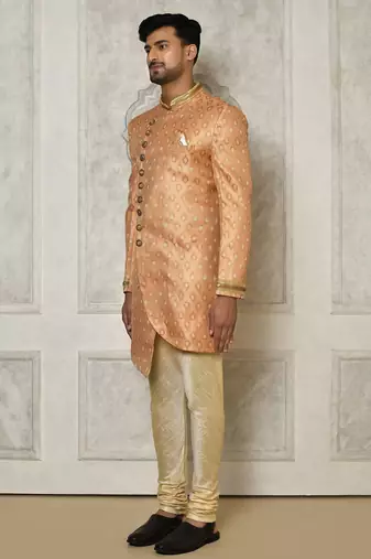Peach anghrakha pattern work with hand work on collar and pocket indo western