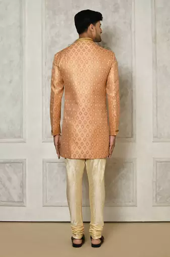 Peach anghrakha pattern work with hand work on collar and pocket indo western