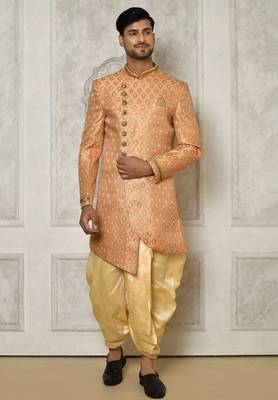 Peach anghrakha pattern work with hand work on collar and pocket indo western 1
