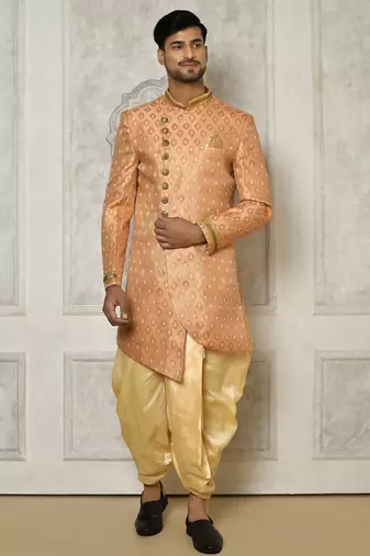 Peach anghrakha pattern work with hand work on collar and pocket indo western