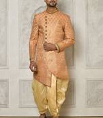 Peach anghrakha pattern work with hand work on collar and pocket indo western