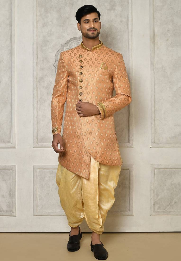 Peach anghrakha pattern work with hand work on collar and pocket indo western