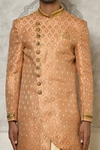 Peach anghrakha pattern work with hand work on collar and pocket indo western
