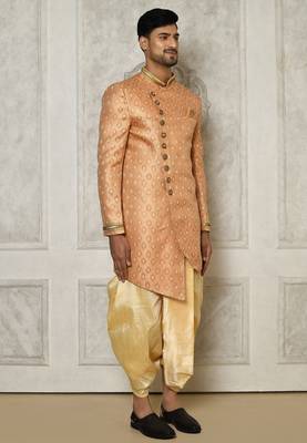 Peach anghrakha pattern work with hand work on collar and pocket indo western 3