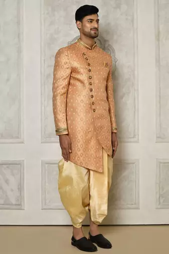 Peach anghrakha pattern work with hand work on collar and pocket indo western