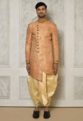 Peach anghrakha pattern work with hand work on collar and pocket indo western 4