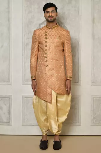 Peach anghrakha pattern work with hand work on collar and pocket indo western