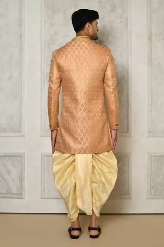 Peach anghrakha pattern work with hand work on collar and pocket indo western