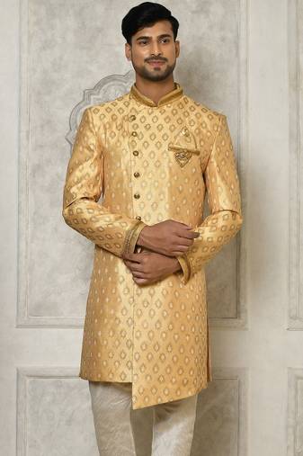 Fawn anghrakha pattern work with hand work on collar and pocket indo western