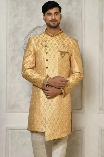 Fawn anghrakha pattern work with hand work on collar and pocket indo western