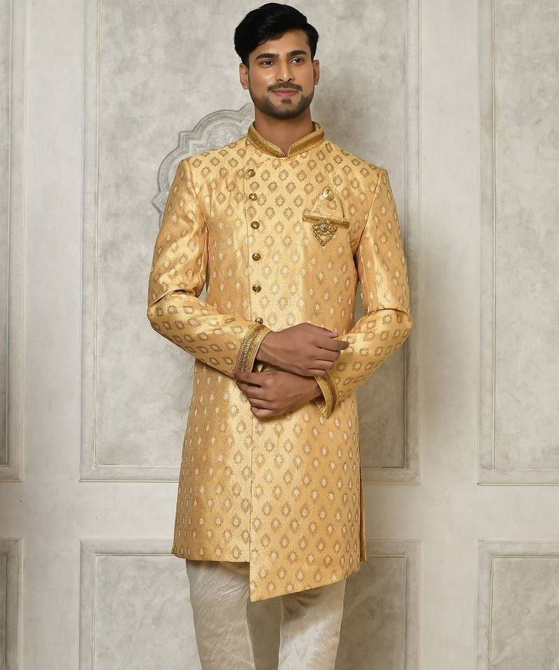 Fawn anghrakha pattern work with hand work on collar and pocket indo western