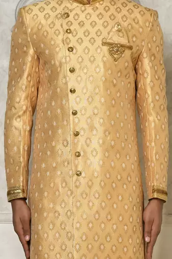 Fawn anghrakha pattern work with hand work on collar and pocket indo western