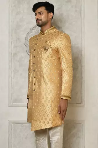 Fawn anghrakha pattern work with hand work on collar and pocket indo western