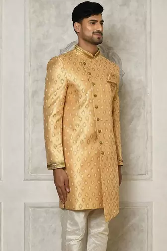 Fawn anghrakha pattern work with hand work on collar and pocket indo western