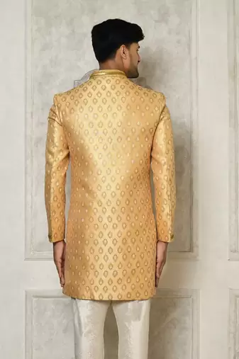Fawn anghrakha pattern work with hand work on collar and pocket indo western
