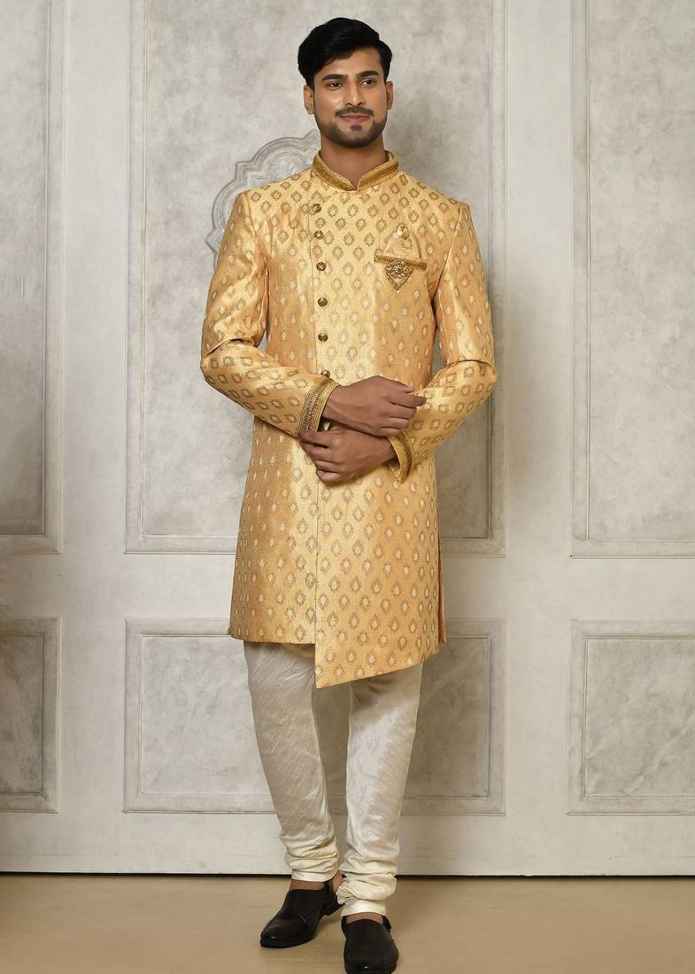 Fawn anghrakha pattern work with hand work on collar and pocket indo western