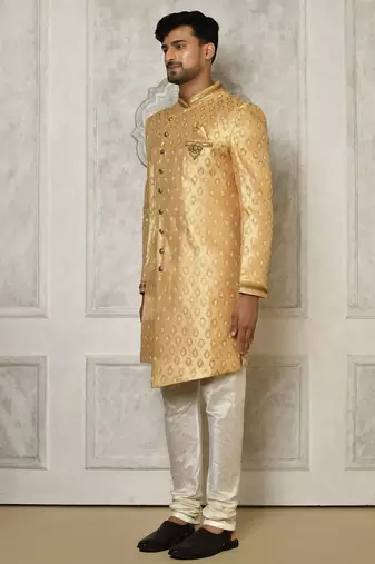Fawn anghrakha pattern work with hand work on collar and pocket indo western