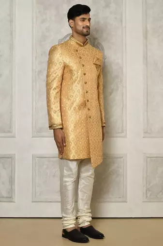 Fawn anghrakha pattern work with hand work on collar and pocket indo western