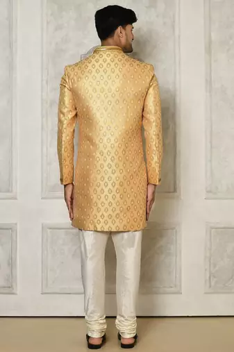 Fawn anghrakha pattern work with hand work on collar and pocket indo western
