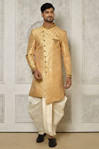 Fawn anghrakha pattern work with hand work on collar and pocket indo western
