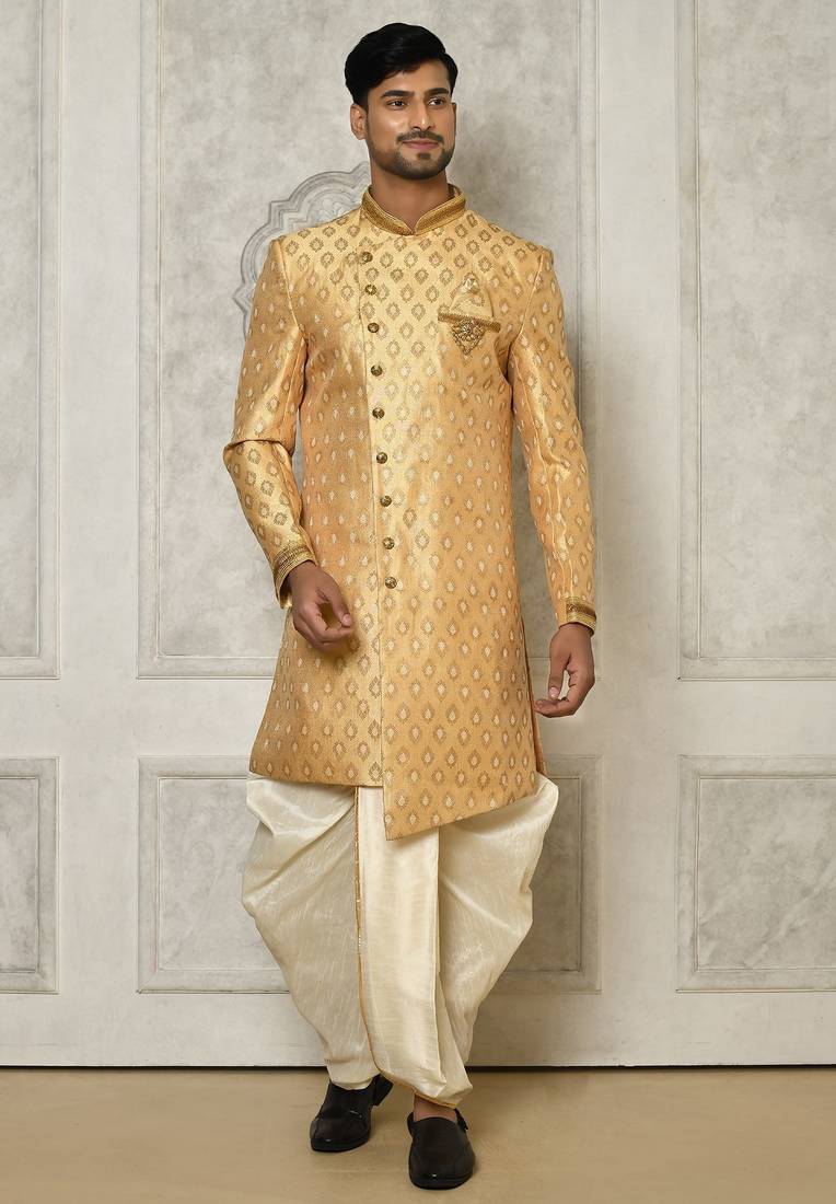 Fawn anghrakha pattern work with hand work on collar and pocket indo western