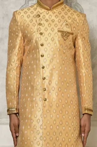 Fawn anghrakha pattern work with hand work on collar and pocket indo western
