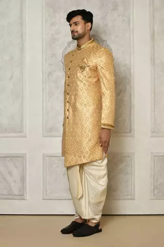 Fawn anghrakha pattern work with hand work on collar and pocket indo western