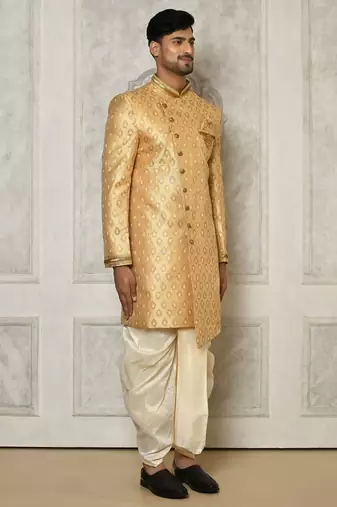 Fawn anghrakha pattern work with hand work on collar and pocket indo western
