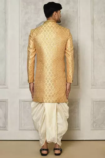 Fawn anghrakha pattern work with hand work on collar and pocket indo western