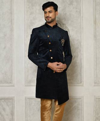 Navy blue anghrakha pattern work indo western 2