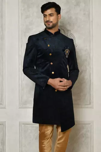 Navy blue anghrakha pattern work indo western