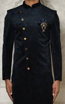 Navy blue anghrakha pattern work indo western 3