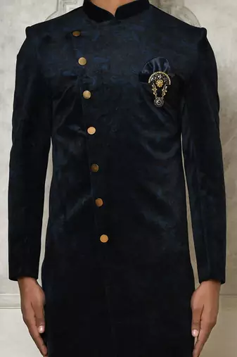 Navy blue anghrakha pattern work indo western