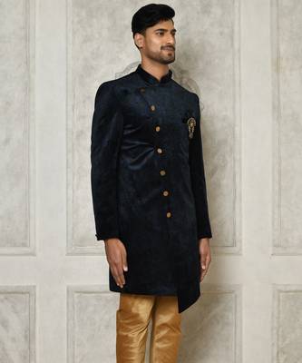 Navy blue anghrakha pattern work indo western 1