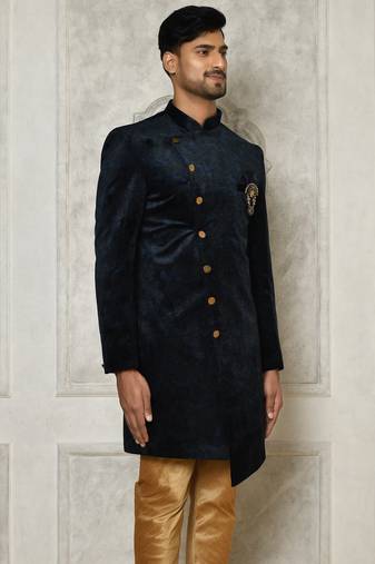 Navy blue anghrakha pattern work indo western