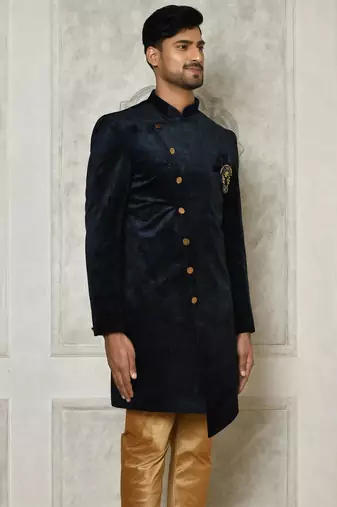 Navy blue anghrakha pattern work indo western