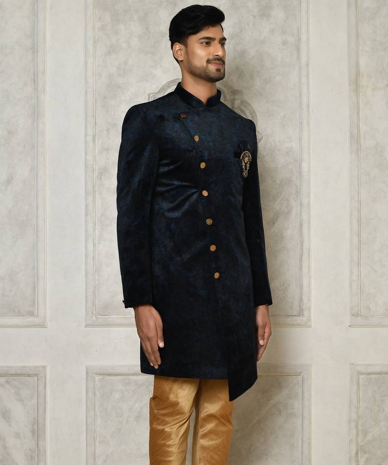 Navy blue anghrakha pattern work indo western