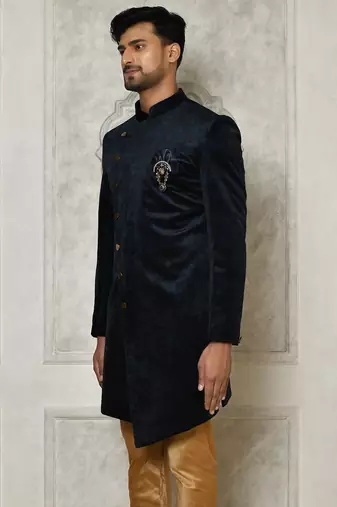 Navy blue anghrakha pattern work indo western