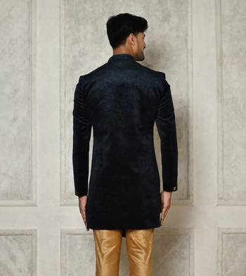 Navy blue anghrakha pattern work indo western 5